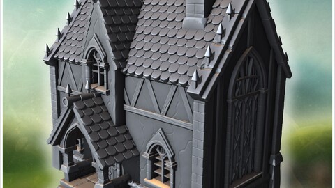 Small gothic chapel with steep roofs, pointed arches, and decorative spikes along the edges (17) | STL for 3D Printing Printer | Hard Surface