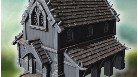 Gothic house with horned roofline, wooden walls, pointed windows, and steep entrance staircase (18) | STL for 3D Printing Printer | Hard Surface