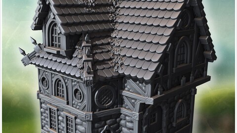 Elaborate stone house featuring ornate carvings and partially damaged roof shingles (23) | STL for 3D Printing Printer | Hard Surface