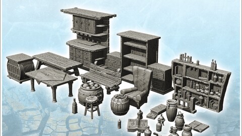 Potions store interior set with cauldrons and vials (4) | STL for 3D Printing Printer | Hard Surface