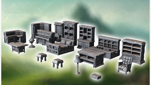 Medieval interior furniture set with shelves, bookcases, beds and armchairs (7) | STL for 3D Printing Printer | Hard Surface