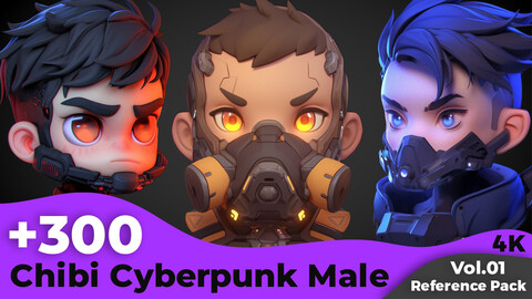 +300 Chibi Cyberpunk Male Head Sculpt Reference Images(4k)