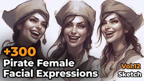 +300 Pirate Female Facial Expressions Sketch Reference Images(4k)