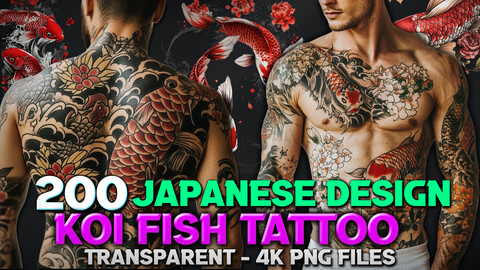 200 Koi Fish - Japanese Tattoo Design and Print Art( PNG Files )-4K- High Quality