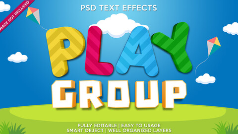 3D Play Group. PSD fully editable text effect. Layer style PSD mockup templat