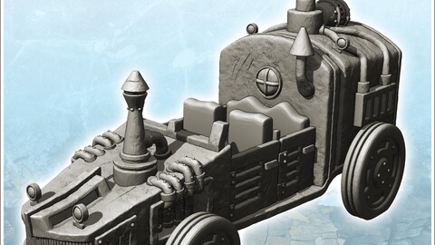 Steampunk car with chimney and large engine in the back (4) | STL for 3D Printing Printer | Hard Surface