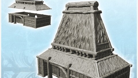 Medieval building with very high roof and entrance canopy (7) | STL for 3D Printing Printer | Hard Surface