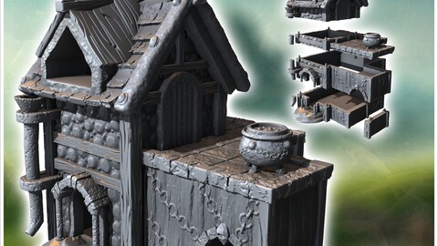 Medieval building with cauldron outside and annex with arch (40) | STL for 3D Printing Printer | Hard Surface