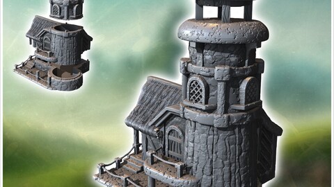 Round medieval lighthouse with annex house and access staircase (42) | STL for 3D Printing Printer | Hard Surface