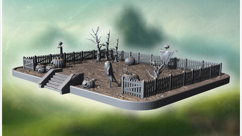 Fenced pumpkin patch with spooky decorations, dead trees, stairs, and a ghostly scarecrow (2) | STL for 3D Printing Printer | Hard Surface