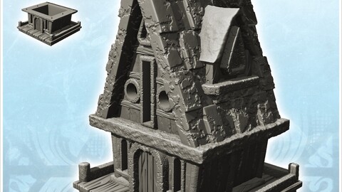 Medieval house with high roof on wooden platform (6) | STL for 3D Printing Printer | Hard Surface