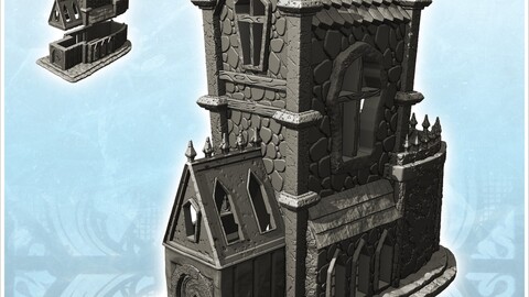 Medieval Gothic building with large stone tower and roof spikes (11) | STL for 3D Printing Printer | Hard Surface