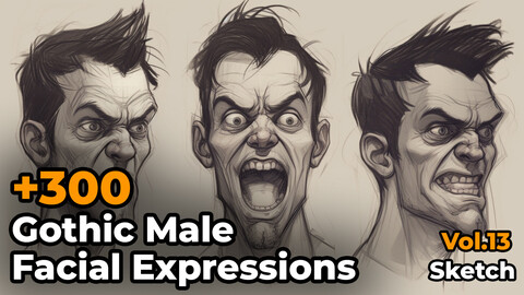 +300 Gothic Male Facial Expressions Sketch Reference Images(4k)