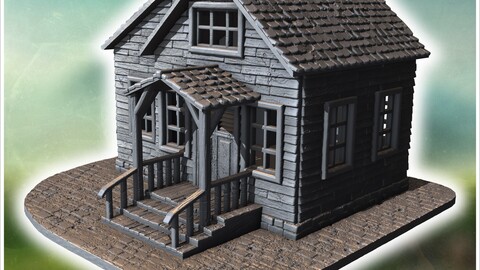 Wooden house with a covered porch, intact roof shingles, and wooden railing on stone steps (36) | STL for 3D Printing Printer | Hard Surface