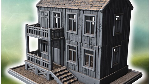 Two-story wooden house with a balcony, intact windows, and a stone path leading to the entrance (38) | STL for 3D Printing Printer | Hard Surface