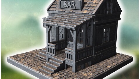 Wooden bar with a wide porch, stone steps, and a sign above the roof entrance (42) | STL for 3D Printing Printer | Hard Surface