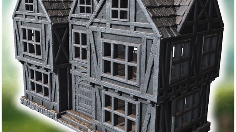 Two-story half-timbered house with detailed windows, arched doorway, and a steep tiled roof (44) | STL for 3D Printing Printer | Hard Surface