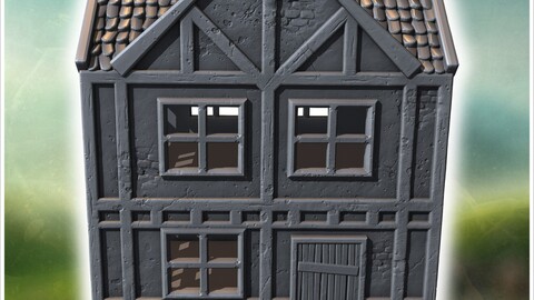 Narrow wooden building with a stone foundation, steep roof, and decorative window frames (45) | STL for 3D Printing Printer | Hard Surface