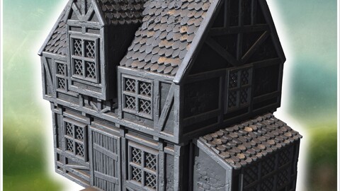 Half-timbered house with a side extension, small porch, and detailed wooden framework (46) | STL for 3D Printing Printer | Hard Surface