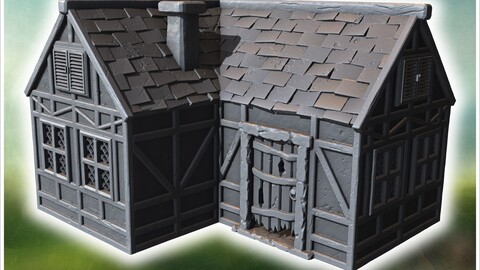 Medieval-style house with a wooden door, lattice windows, and a damaged stone roof (48) | STL for 3D Printing Printer | Hard Surface