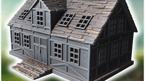 Large wooden house with dormer windows, a stone staircase, and visible roof damage (50) | STL for 3D Printing Printer | Hard Surface