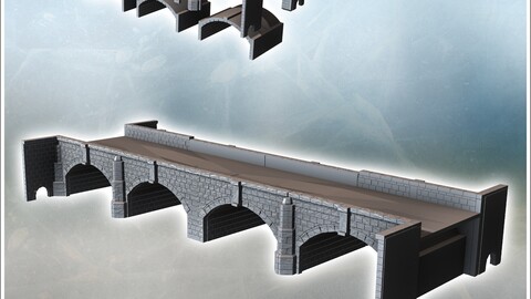 Straight stone bridge with four arches and double pillars (15) | STL for 3D Printing Printer | Hard Surface