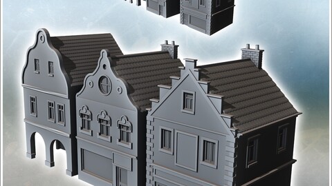 Set of three Flemish Baroque-style buildings with stories and colonnade (16) | STL for 3D Printing Printer | Hard Surface