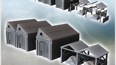 Set of industrial brick warehouses with large wooden access doors and ore storage annex (21) | STL for 3D Printing Printer | Hard Surface