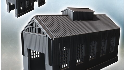 Large hangar with wide windows, two-part roof, and large access (24) | STL for 3D Printing Printer | Hard Surface