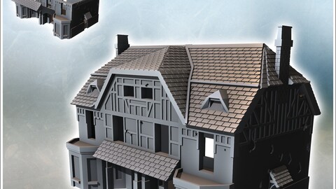 Multi-story house with tiled roof and chimneys (Juno Beach, Normandy, France) (29) | STL for 3D Printing Printer | Hard Surface