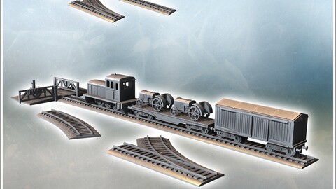 Set of modern trains with diesel locomotive, platforms with tractors, and cattle transport wagons (2) | STL for 3D Printing Printer | Hard Surface