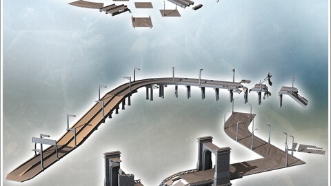 Urban Modern Highway Set with Street Light and Destroyed Stone Bridge (3) | STL for 3D Printing Printer | Hard Surface