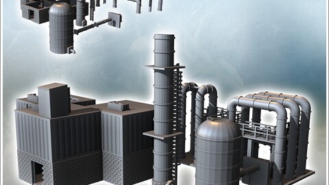 Industrial building set with storage silo and ventilation chimney (3) | STL for 3D Printing Printer | Hard Surface