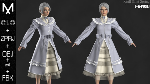 Victorian Dress Marvelous designer/Clo3d OBJ mtl FBX ZPRJ + A-POSE