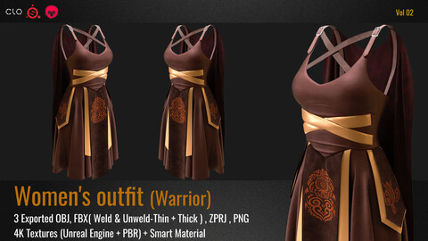 Woman's Warrior Outfit (VOL.02). Marvelous Designer/Clo3D file+OBJ,FBX+4K Textures(PBR+Smart Material)