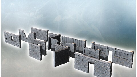 Set of modular rural stone walls with wooden panels (2) | STL for 3D Printing Printer | Hard Surface