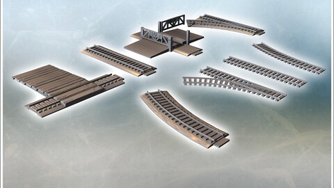 Set of modular railway tracks with curves and level crossings (3) | STL for 3D Printing Printer | Hard Surface