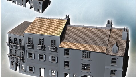 Set of European houses with balconies and arch (intact version) (1) | STL for 3D Printing Printer | Hard Surface