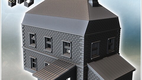 Brick building with two annexes and mansard roof (intact version) (11) | STL for 3D Printing Printer | Hard Surface