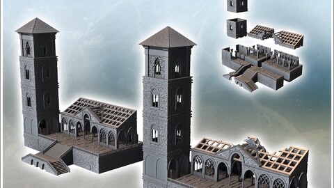 Set of two modern buildings with a tower, gothic arches, and a grand staircase (destroyed and intact versions) (37) | STL for 3D Printing Printer | Hard Surface