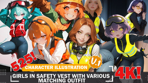 525 Girls in Safety Vests with Matching Diverse Outfits Character Design Reference Art V1 4K