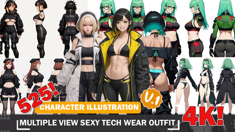 525 Sexy Tech Wear Outfit Beauties Multiple View Diverse Outfit Character Design Reference Art V6 4K