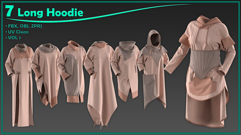 7 female long hoodie/ zprj+obj+fbx/ clo3d, marvelous designer/vol1