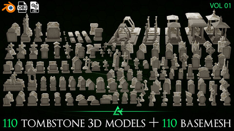 110 Practical and Unique Low-Poly Tombstones + 110 Base mesh Tombstones (Full Pack) - Vol 1