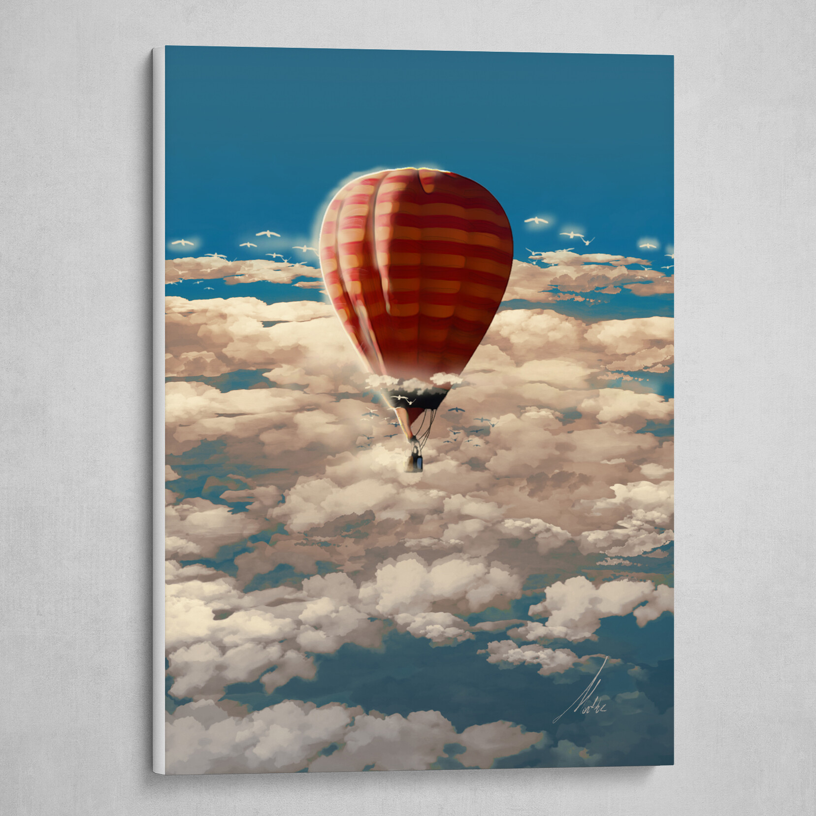Retro Airplane in Clouds and Balloon Pattern Print Canvas Shoulder