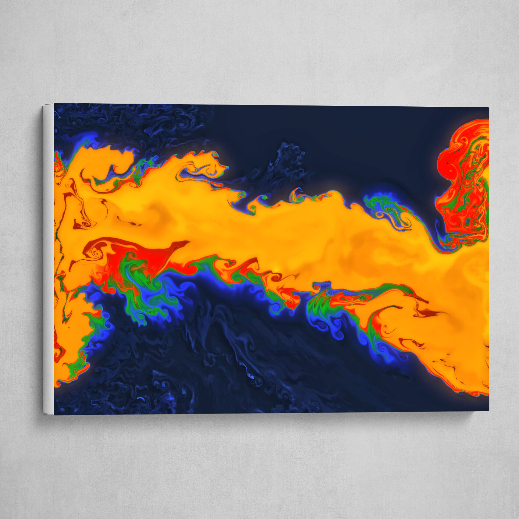 Orange Blue and Green fluid pour abstract art 1