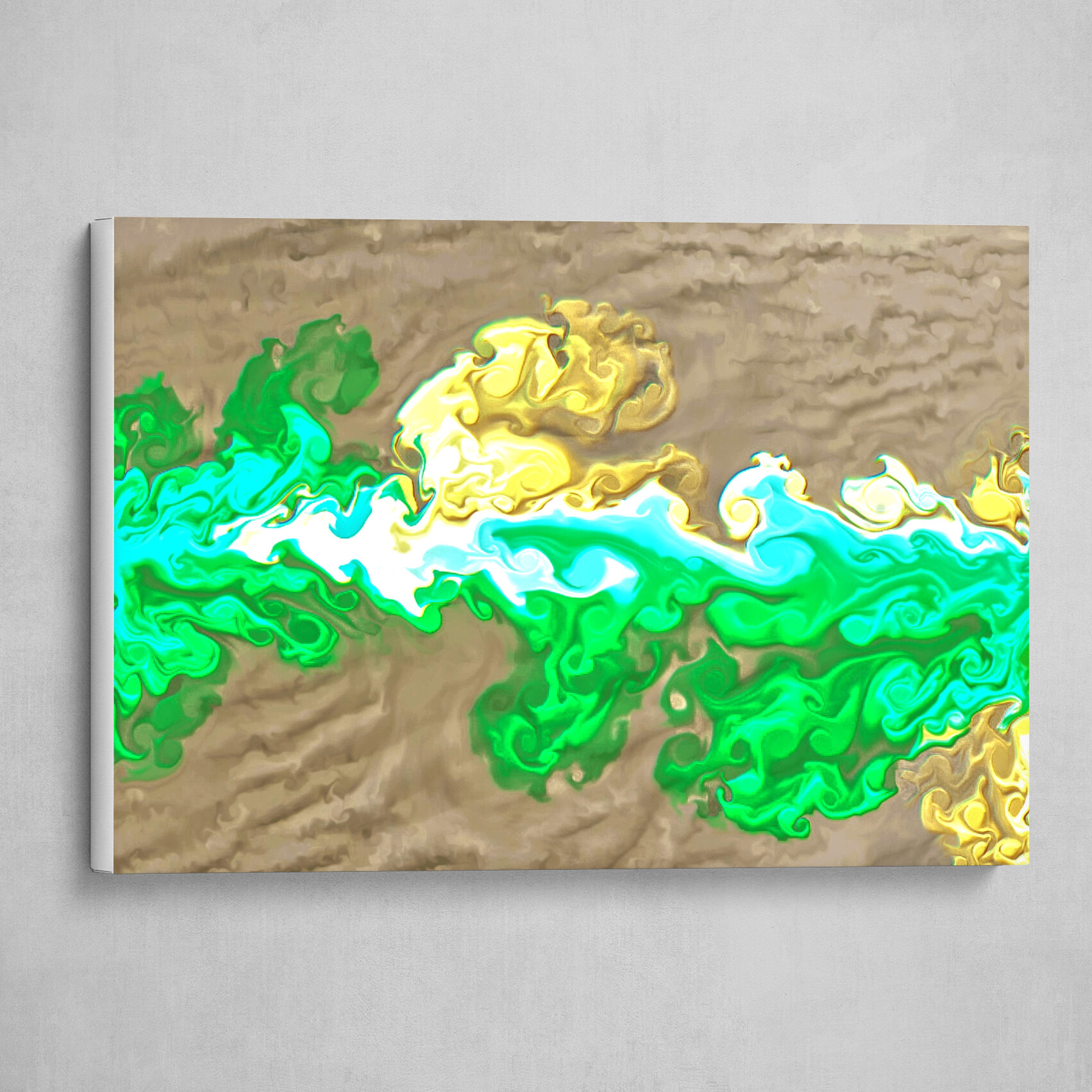 Green Yellow and Tan fluid pour abstract 1