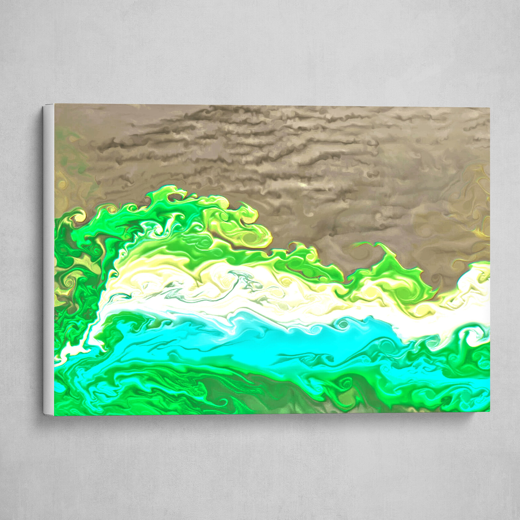Green Yellow and Tan fluid pour abstract 3