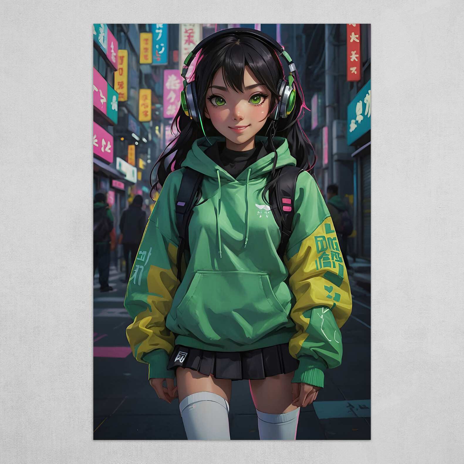 A portrait of a Japanese anime cosplay girl with headphones poses on the  city street by thewirdz