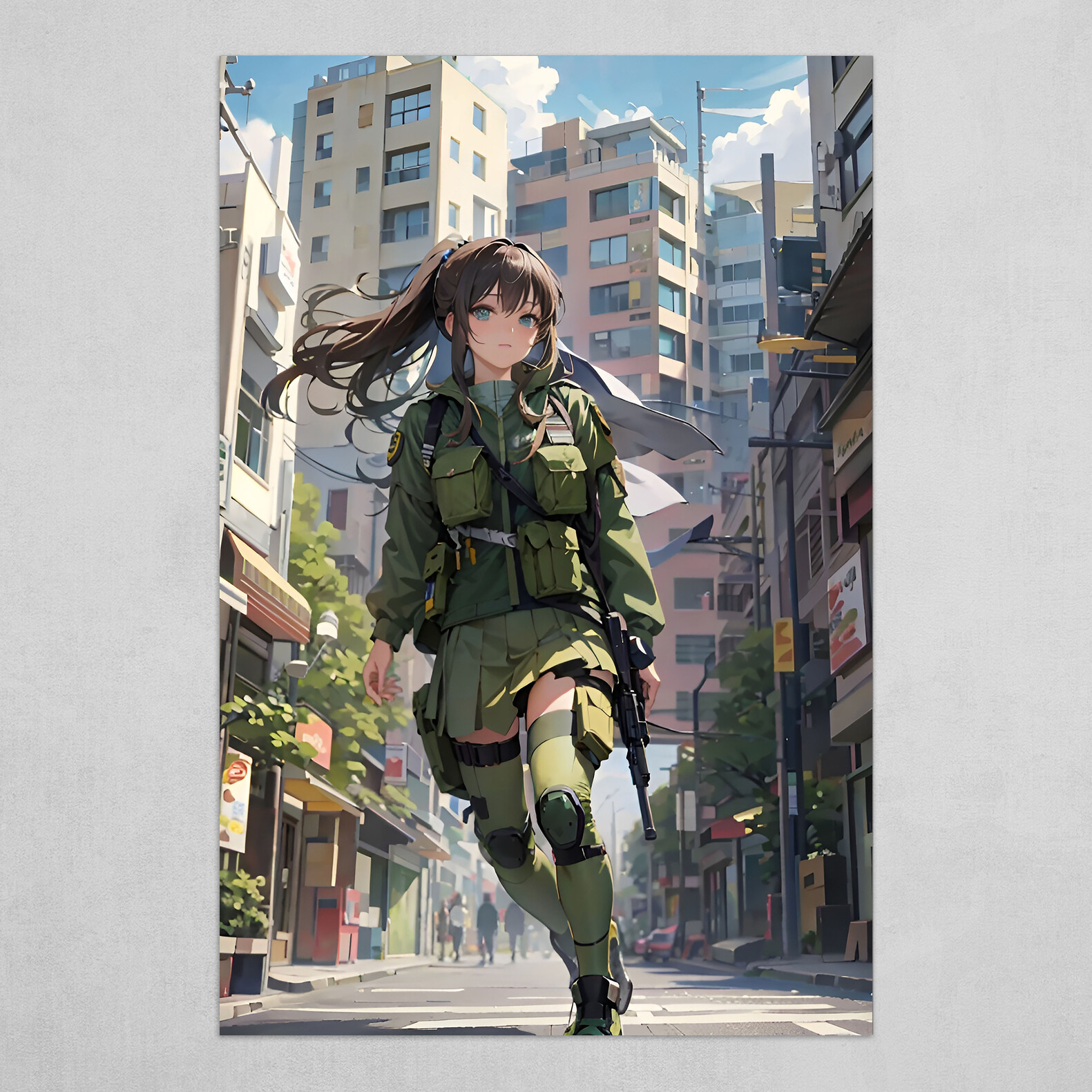 Anime girl with a machine gun running on the streets of the city by thewirdz